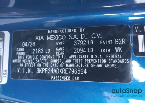 2024 Kia Forte Lxs из США, поврежденный, VIN 3KPF24ADXRE796564